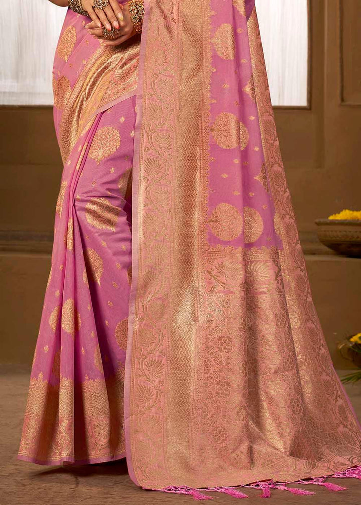 Cherry Pink Woven Cotton Silk Saree | Stitched Blouse - qivii