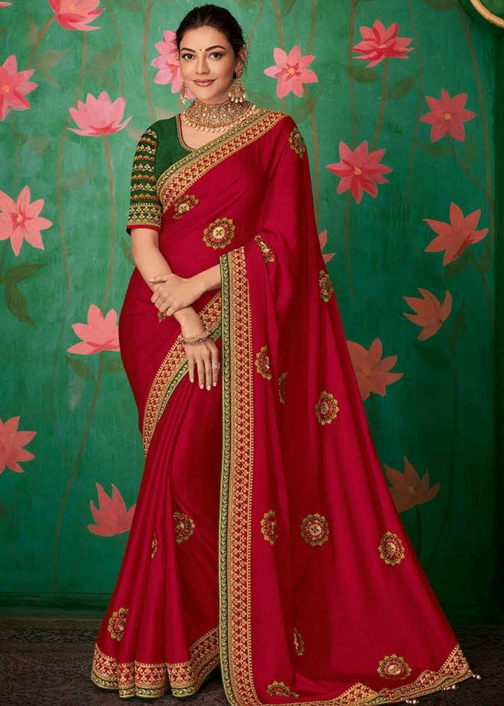 Cherry Red Designer Silk Saree with Contrast Embroidered Blouse | Stitched Blouse - qivii