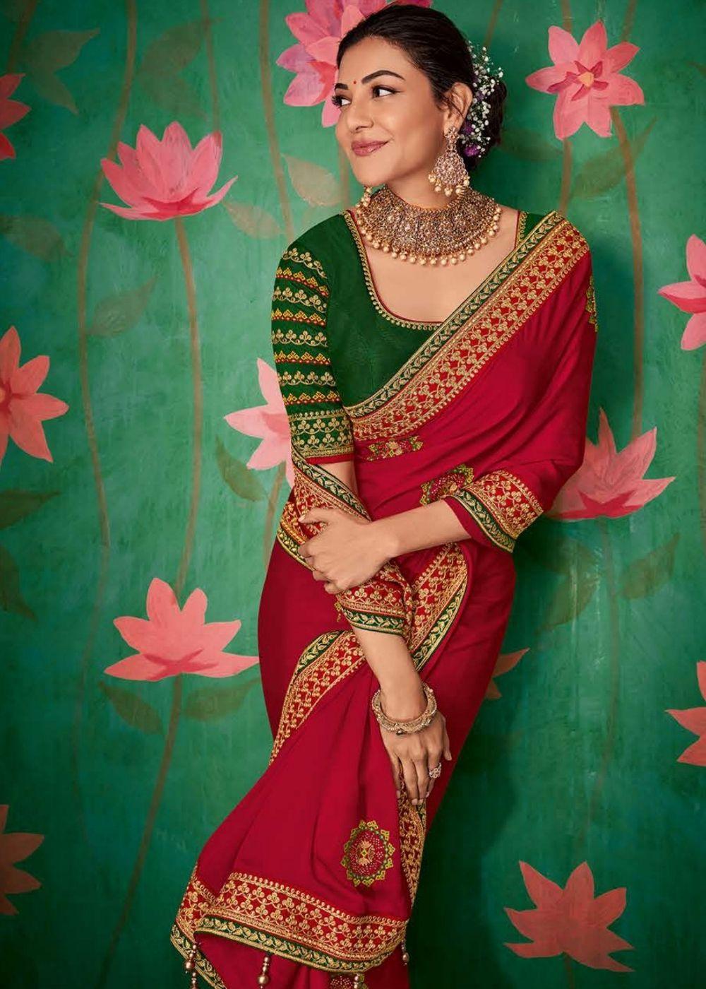 Cherry Red Designer Silk Saree with Contrast Embroidered Blouse | Stitched Blouse - qivii