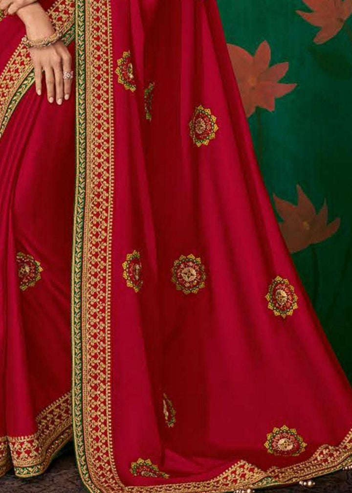 Cherry Red Designer Silk Saree with Contrast Embroidered Blouse | Stitched Blouse - qivii