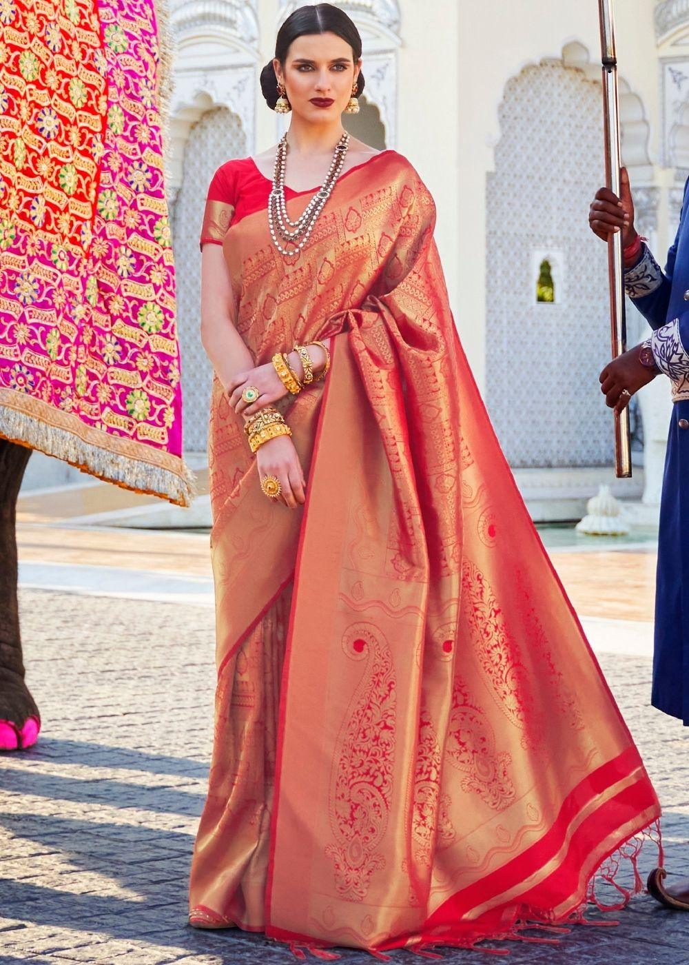 Cherry Red Handloom Weave Kanjivaram Silk Saree | Stitched Blouse - qivii