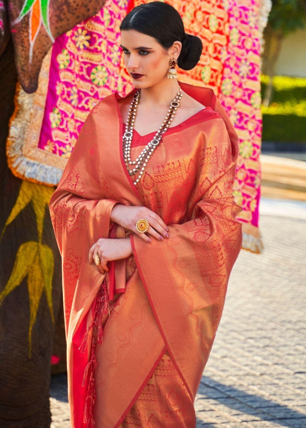 Cherry Red Handloom Weave Kanjivaram Silk Saree | Stitched Blouse - qivii