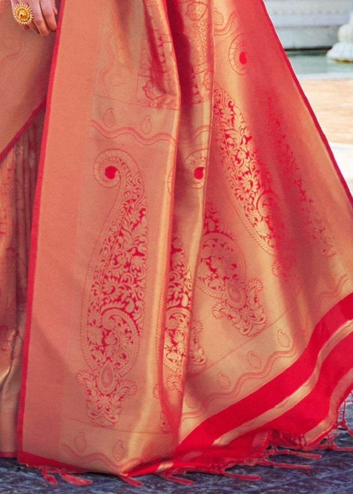 Cherry Red Handloom Weave Kanjivaram Silk Saree | Stitched Blouse - qivii