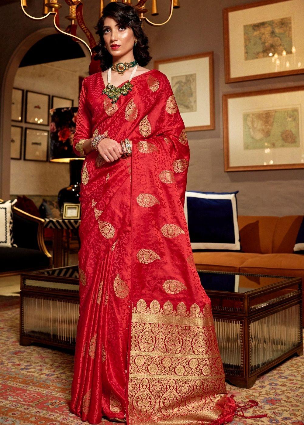 Cherry Red Pure Satin Woven Silk Saree with overall Golden Buti | Stitched Blouse - qivii