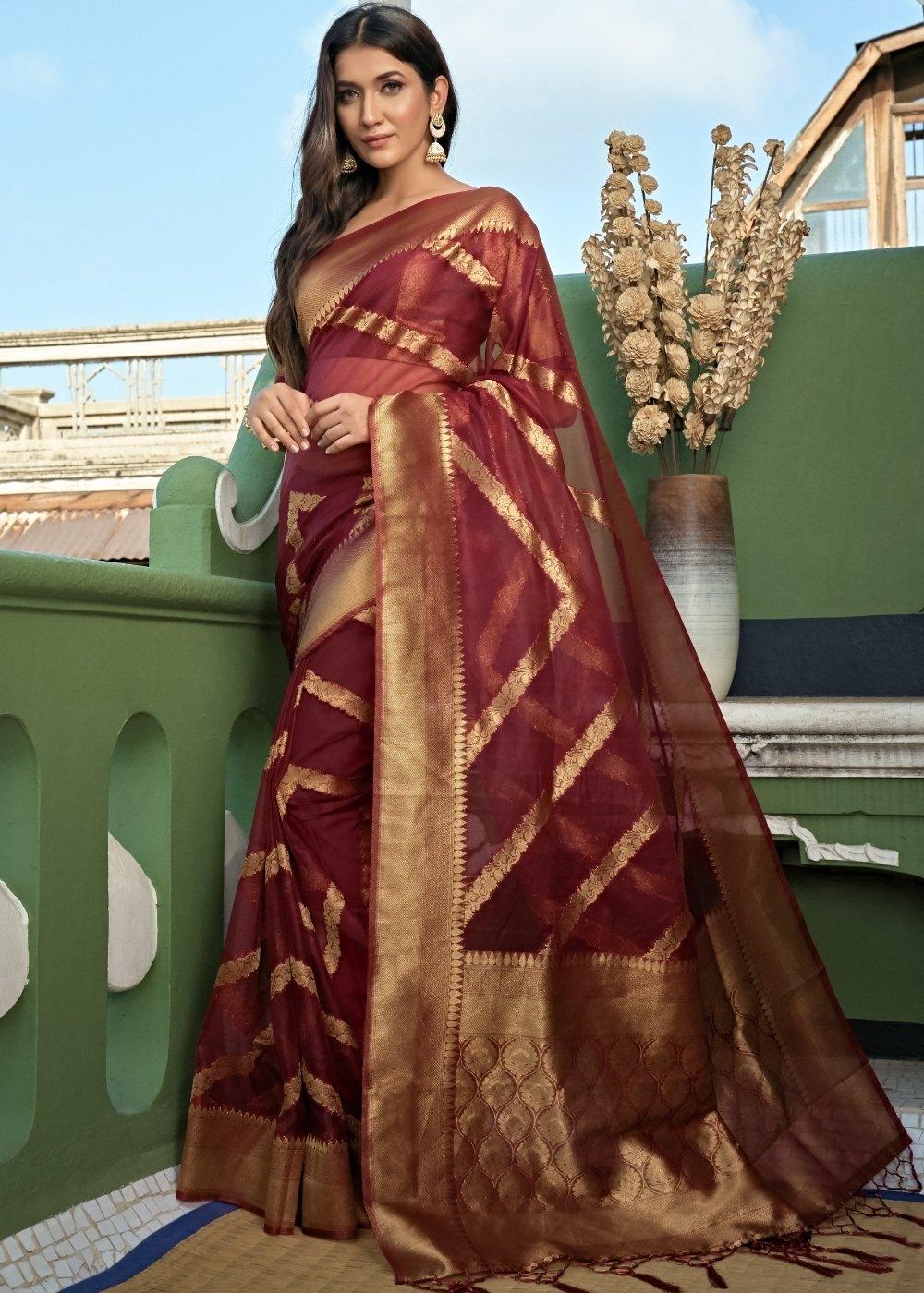 Chestnut Brown Zari Woven Organza Silk Saree | Stitched Blouse - qivii