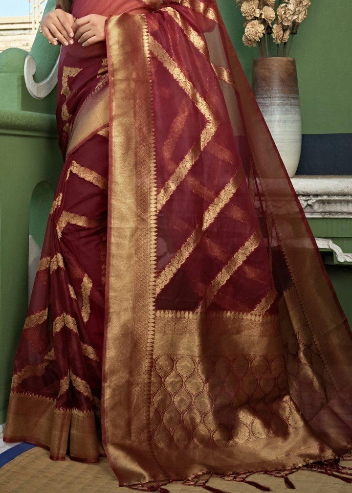 Chestnut Brown Zari Woven Organza Silk Saree | Stitched Blouse - qivii