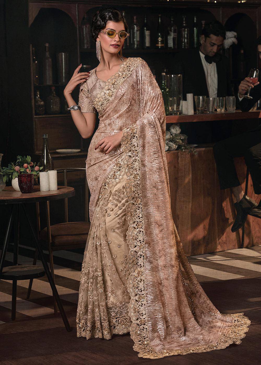 Chiku Brown Digital Net Saree with Thread, Sequence,Zarkan,Moti and Flower Applique work | Stitched Blouse - qivii