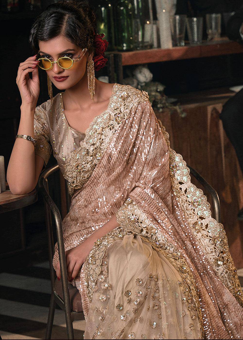 Chiku Brown Digital Net Saree with Thread, Sequence,Zarkan,Moti and Flower Applique work | Stitched Blouse - qivii