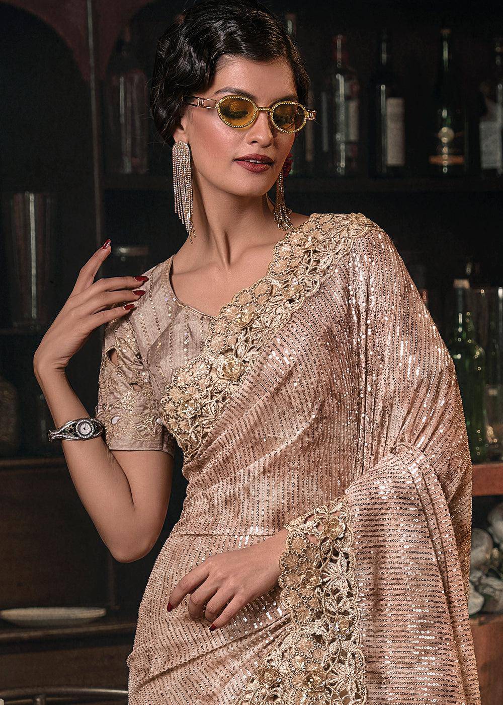 Chiku Brown Digital Net Saree with Thread, Sequence,Zarkan,Moti and Flower Applique work | Stitched Blouse - qivii