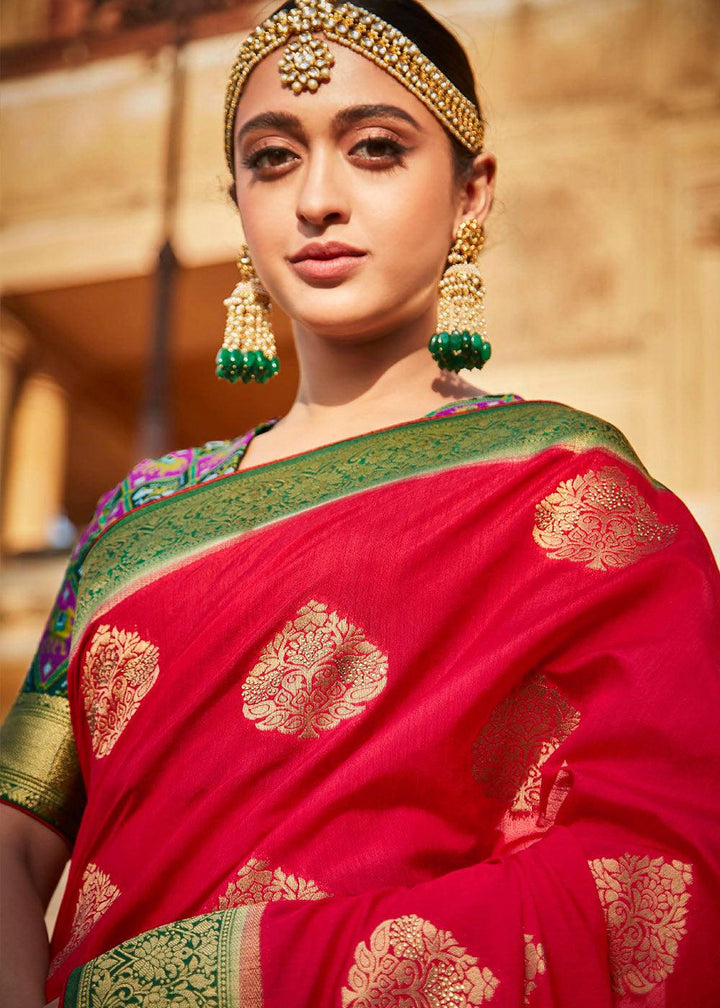 Chili Red Woven Banarasi Patola Silk Saree with Embroidered Blouse | Stitched Blouse - qivii