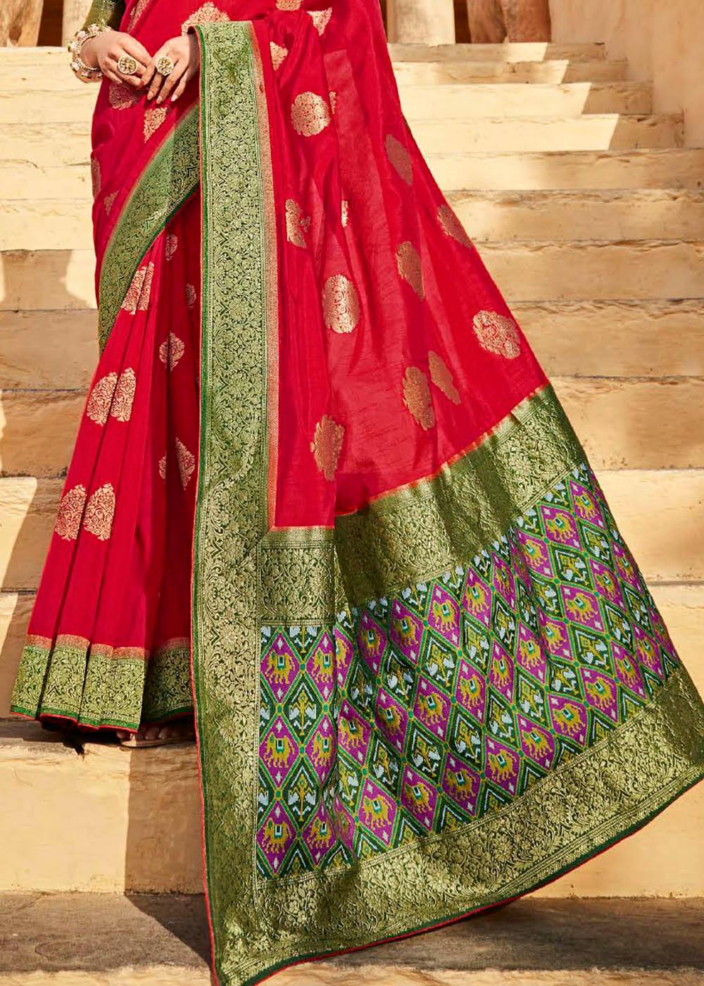 Chili Red Woven Banarasi Patola Silk Saree with Embroidered Blouse | Stitched Blouse - qivii