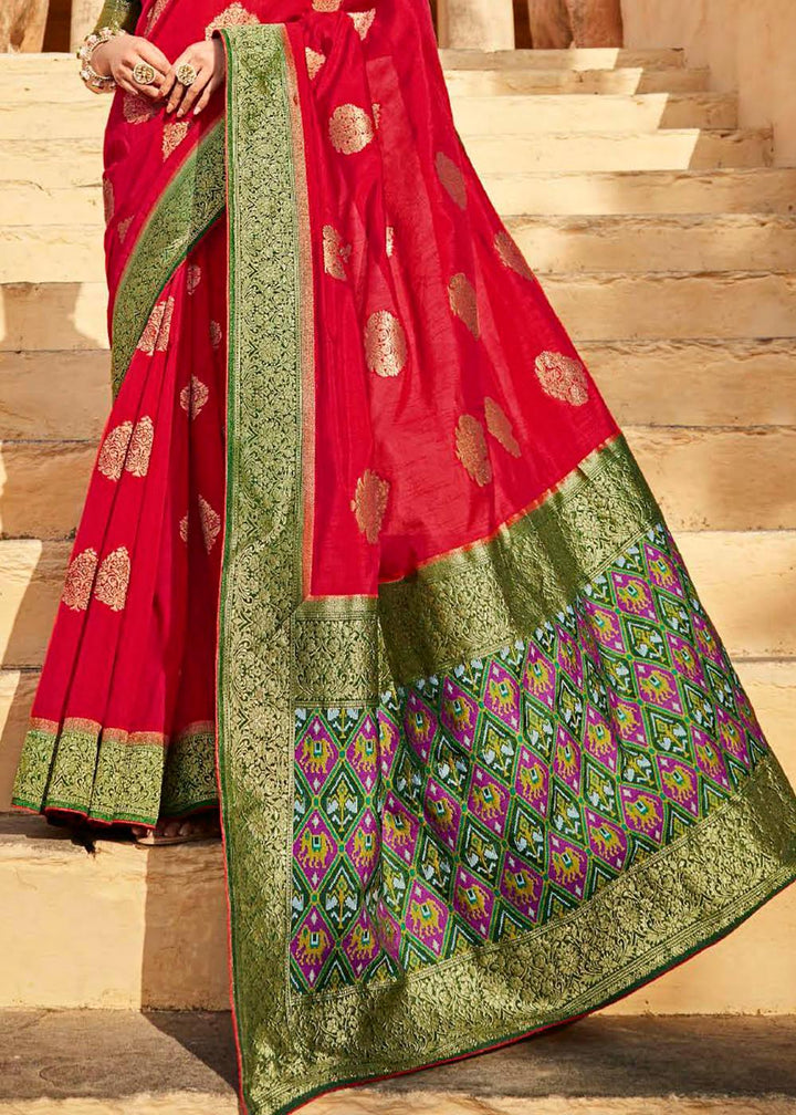 Chili Red Woven Banarasi Patola Silk Saree with Embroidered Blouse | Stitched Blouse - qivii