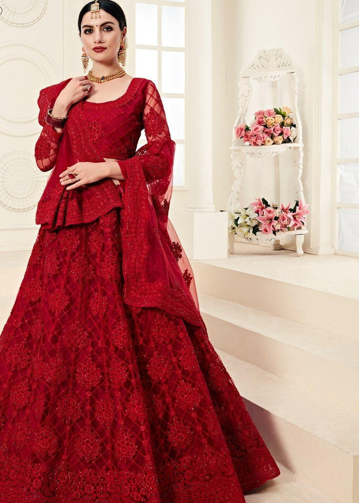 Chilli Red Soft Net Lehenga Choli with Cording Embroidery & Stonework - qivii