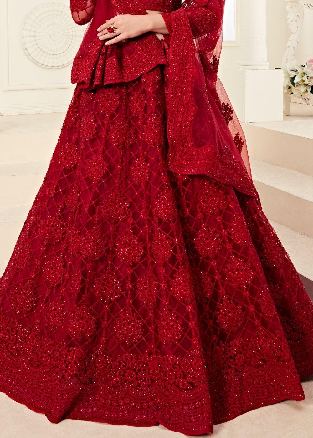 Chilli Red Soft Net Lehenga Choli with Cording Embroidery & Stonework - qivii