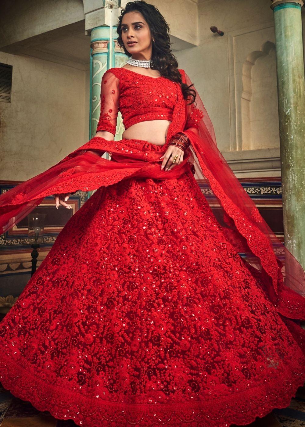 Chilli Red Soft Net Lehenga Choli with Sequins,Dori & Zarkan work - qivii