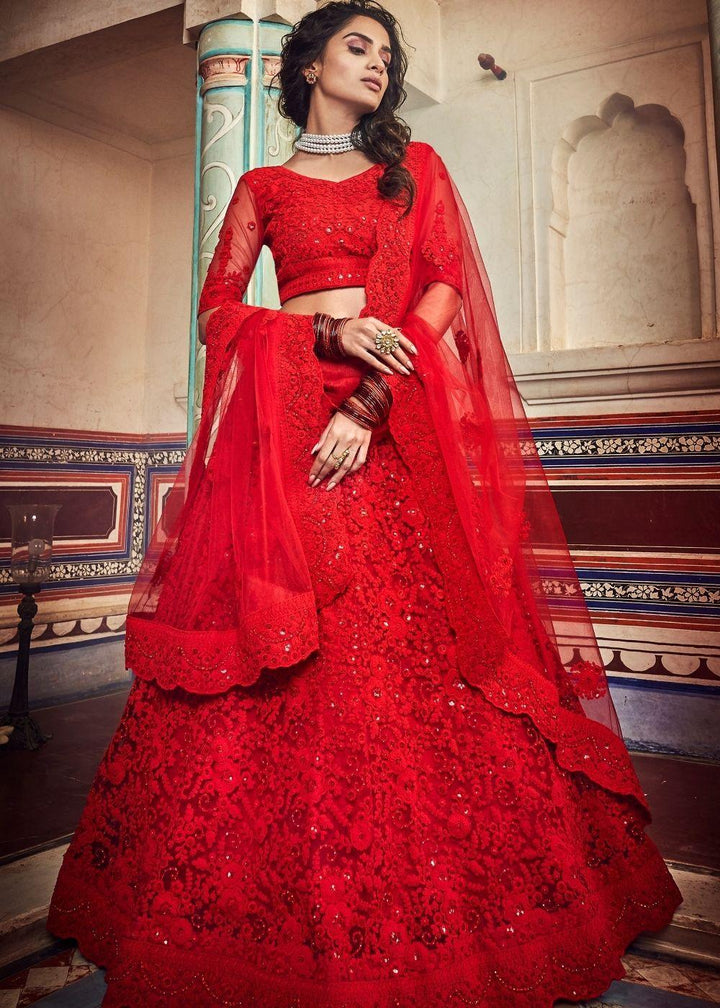 Chilli Red Soft Net Lehenga Choli with Sequins,Dori & Zarkan work - qivii