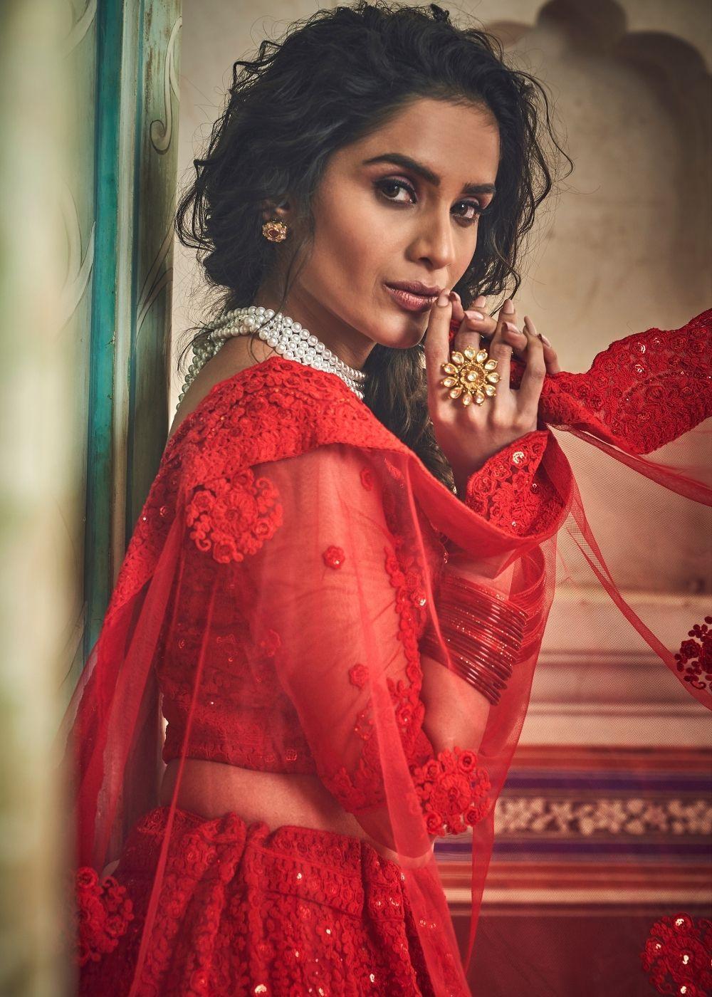 Chilli Red Soft Net Lehenga Choli with Sequins,Dori & Zarkan work - qivii