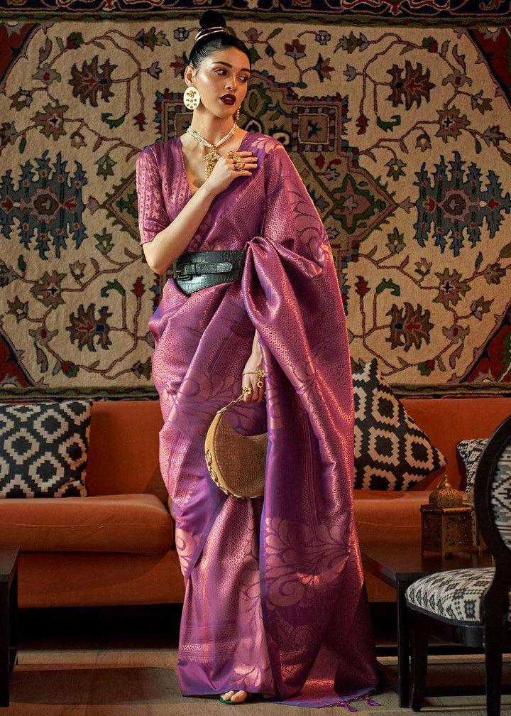 Chinese Purple Copper Zari Handloom Weaving Silk Saree | Stitched Blouse - qivii