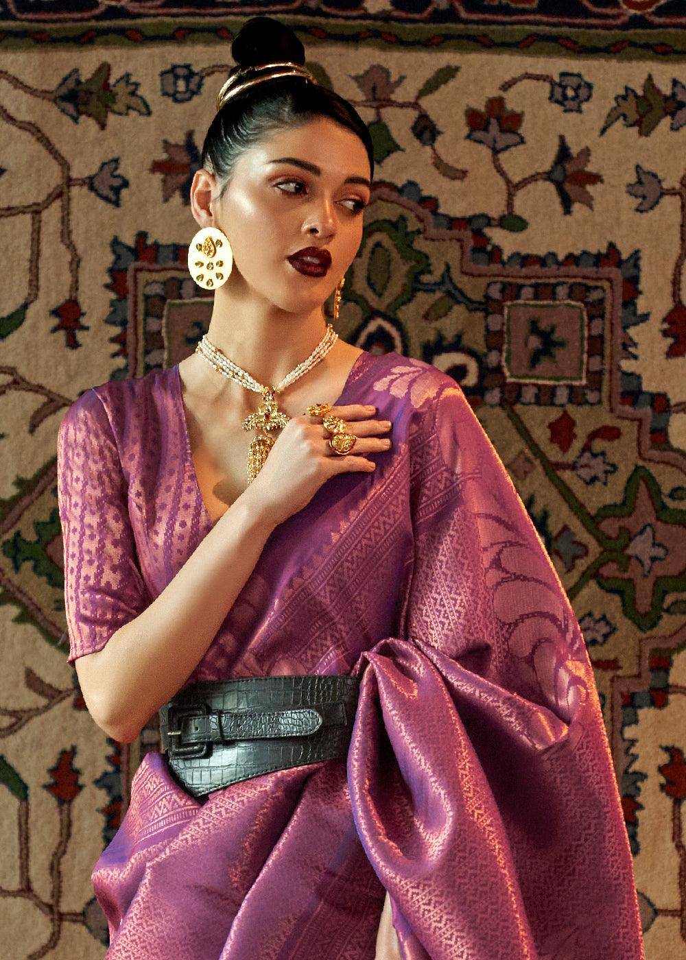 Chinese Purple Copper Zari Handloom Weaving Silk Saree | Stitched Blouse - qivii