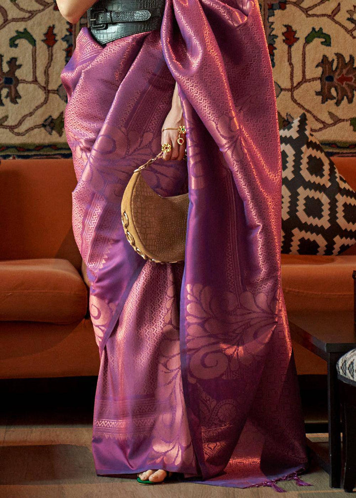 Chinese Purple Copper Zari Handloom Weaving Silk Saree | Stitched Blouse - qivii