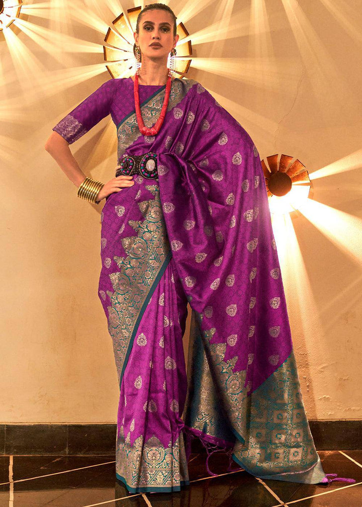 Chinese Purple Handloom Woven Banarasi Silk Saree | Stitched Blouse - qivii