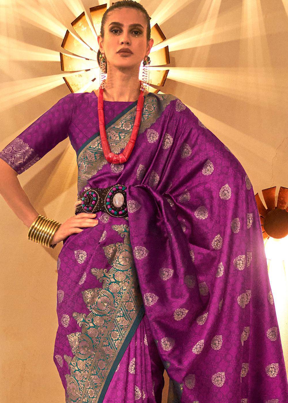 Chinese Purple Handloom Woven Banarasi Silk Saree | Stitched Blouse - qivii