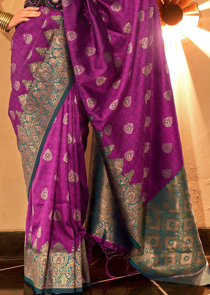 Chinese Purple Handloom Woven Banarasi Silk Saree | Stitched Blouse - qivii