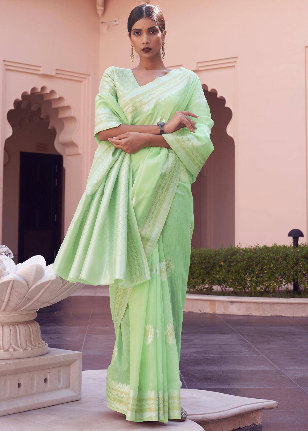 Chinoise Green Woven Linen Silk Saree | Stitched Blouse - qivii