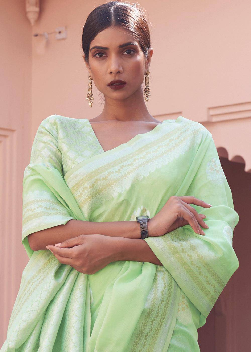 Chinoise Green Woven Linen Silk Saree | Stitched Blouse - qivii