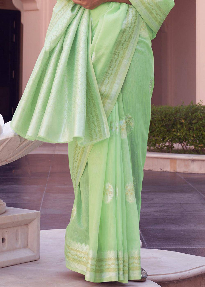 Chinoise Green Woven Linen Silk Saree | Stitched Blouse - qivii