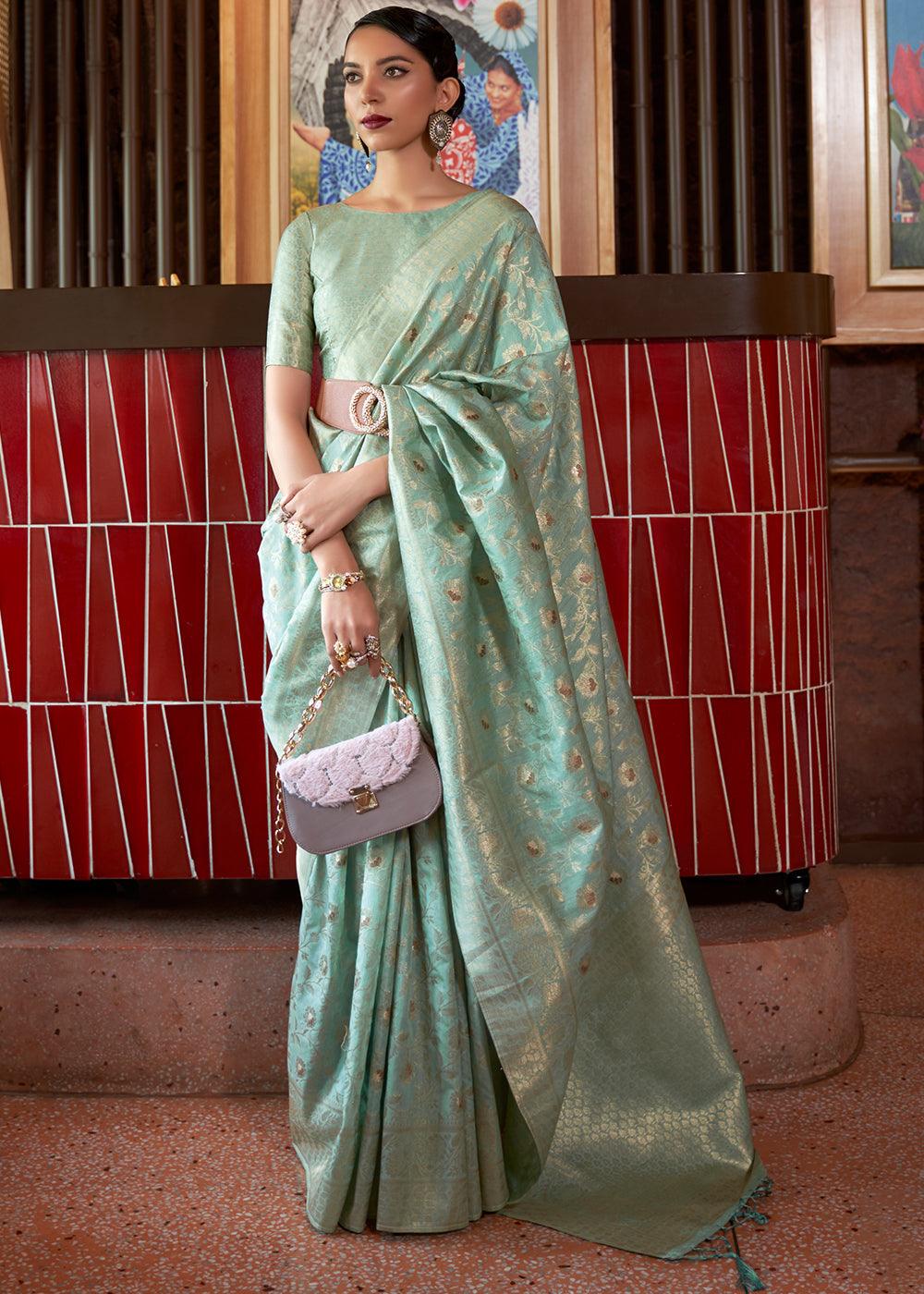 Chinoise Green Woven Tussar Silk Saree | Stitched Blouse - qivii