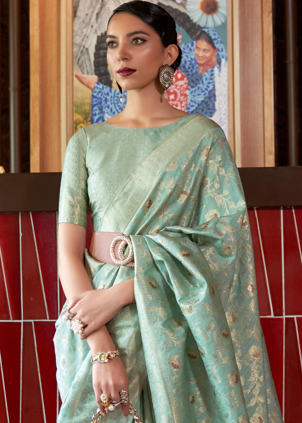 Chinoise Green Woven Tussar Silk Saree | Stitched Blouse - qivii