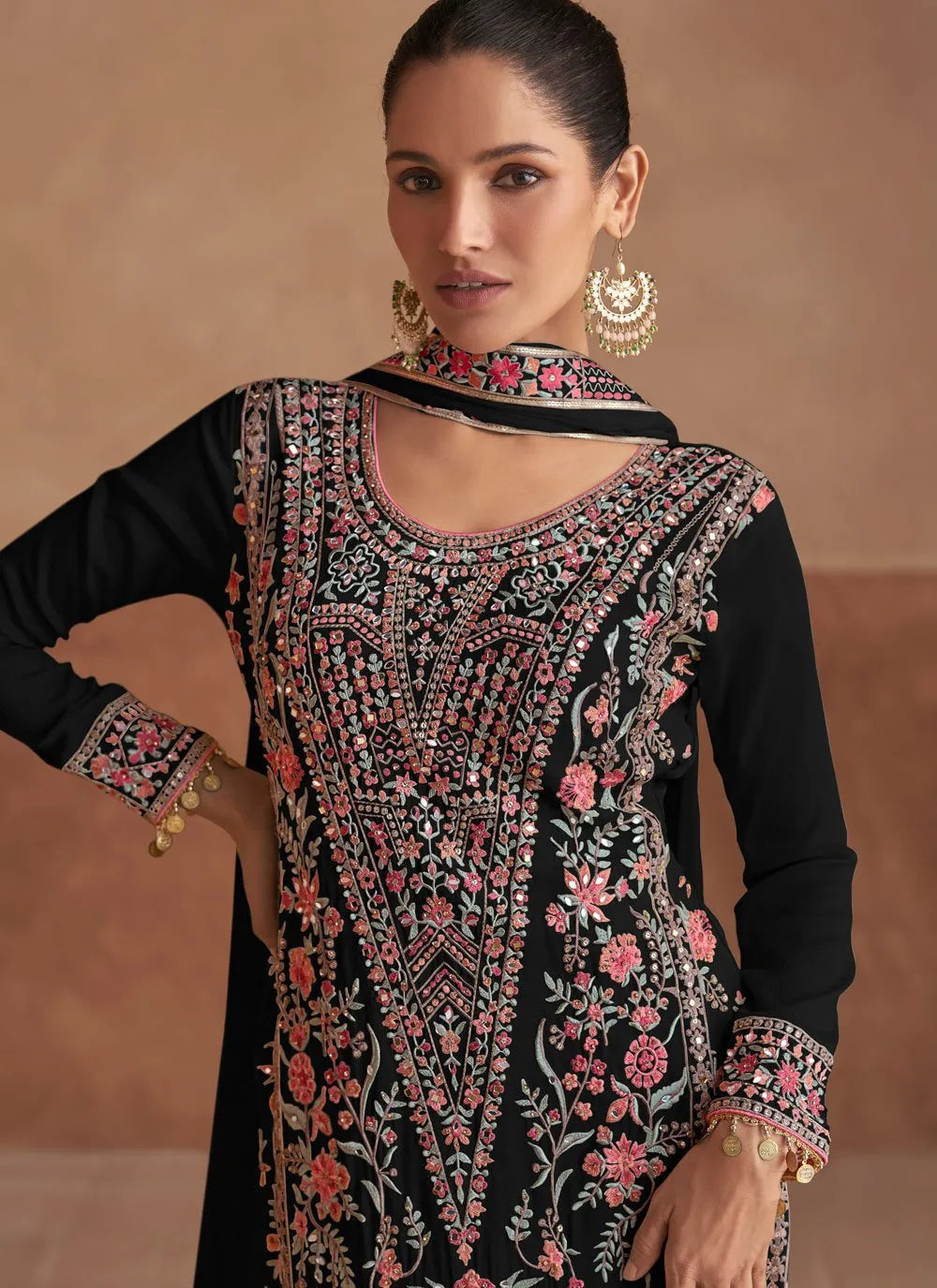 Attractive Chinon Black Embroidered Salwar Kameez - qivii