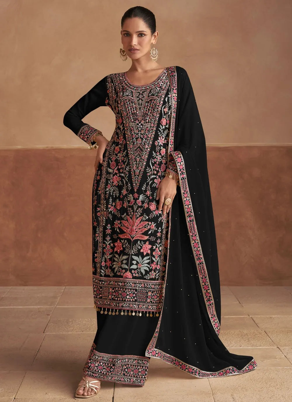 Attractive Chinon Black Embroidered Salwar Kameez - qivii