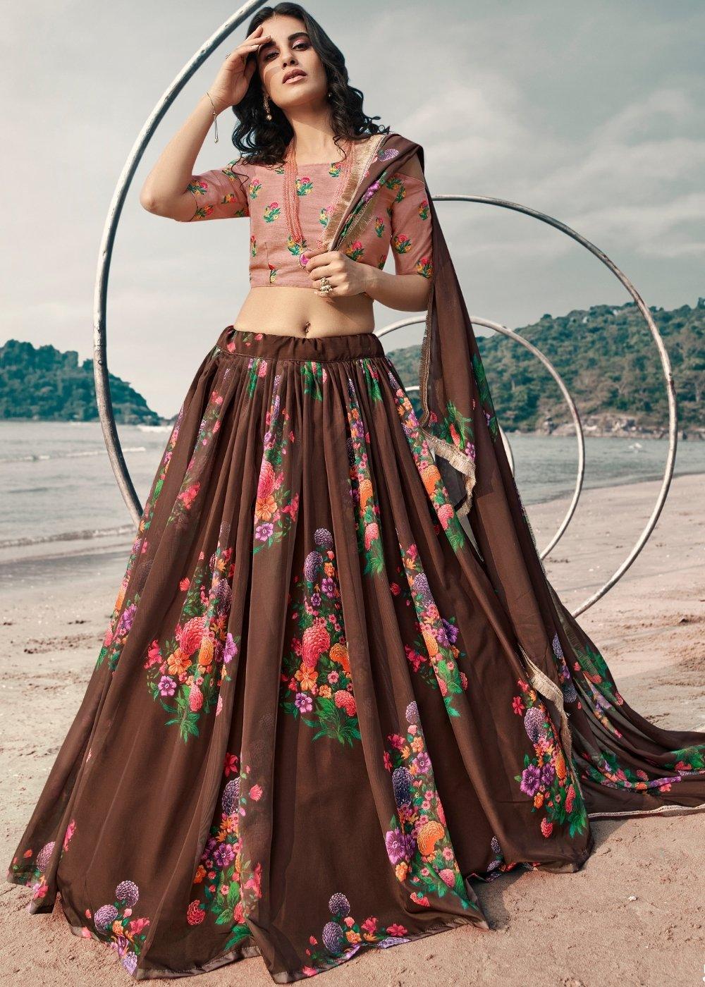 Chocolate Brown Designer Printed Organza Lehenga with Soft Net Dupatta - qivii