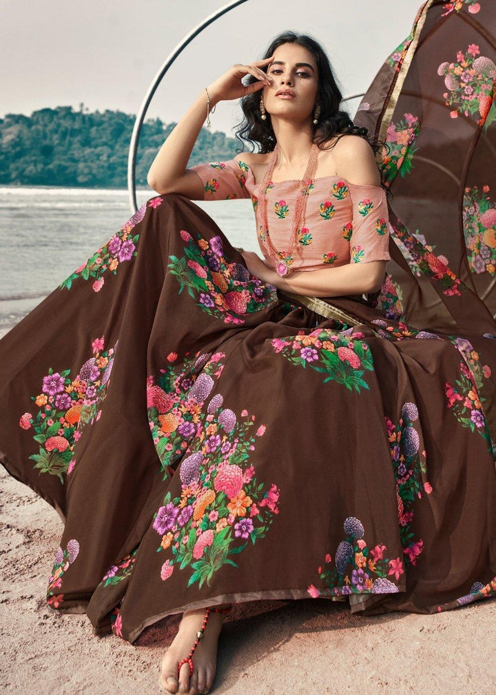 Chocolate Brown Designer Printed Organza Lehenga with Soft Net Dupatta - qivii