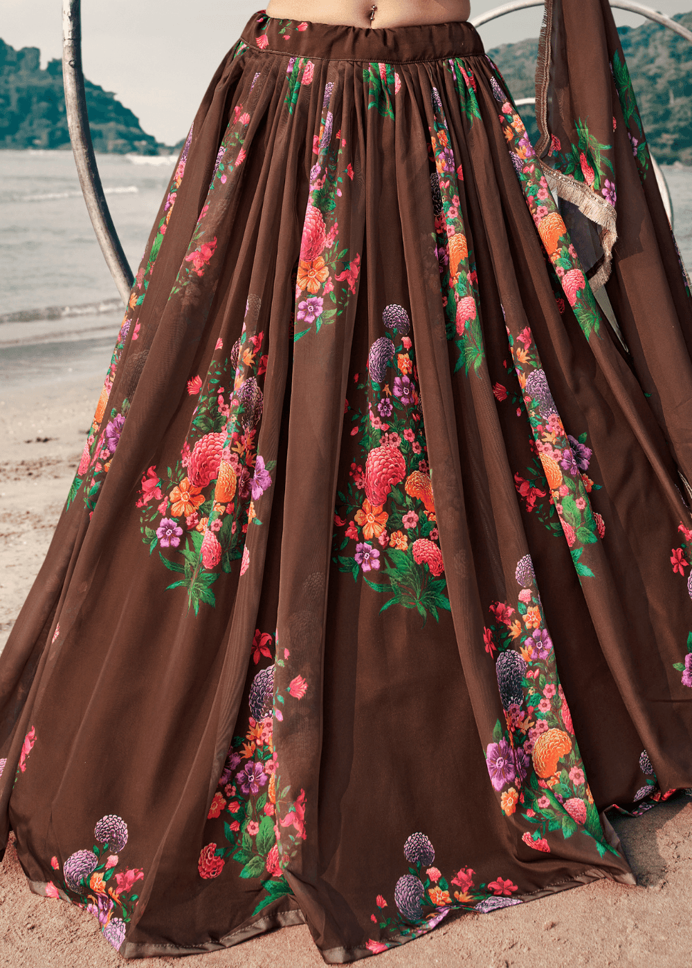 Chocolate Brown Designer Printed Organza Lehenga with Soft Net Dupatta - qivii