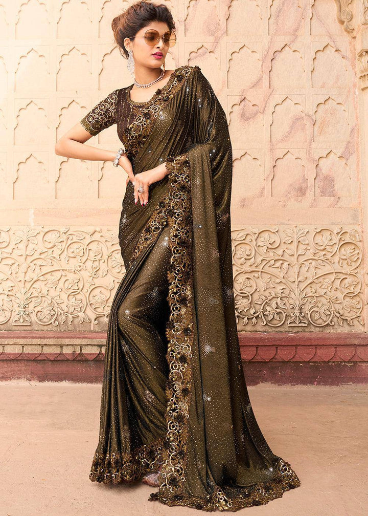 Chocolate Brown Imported Fabric Saree with Crystal, Mirror & Sequins Flower Applic work | Stitched Blouse - qivii