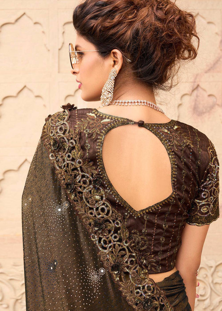 Chocolate Brown Imported Fabric Saree with Crystal, Mirror & Sequins Flower Applic work | Stitched Blouse - qivii