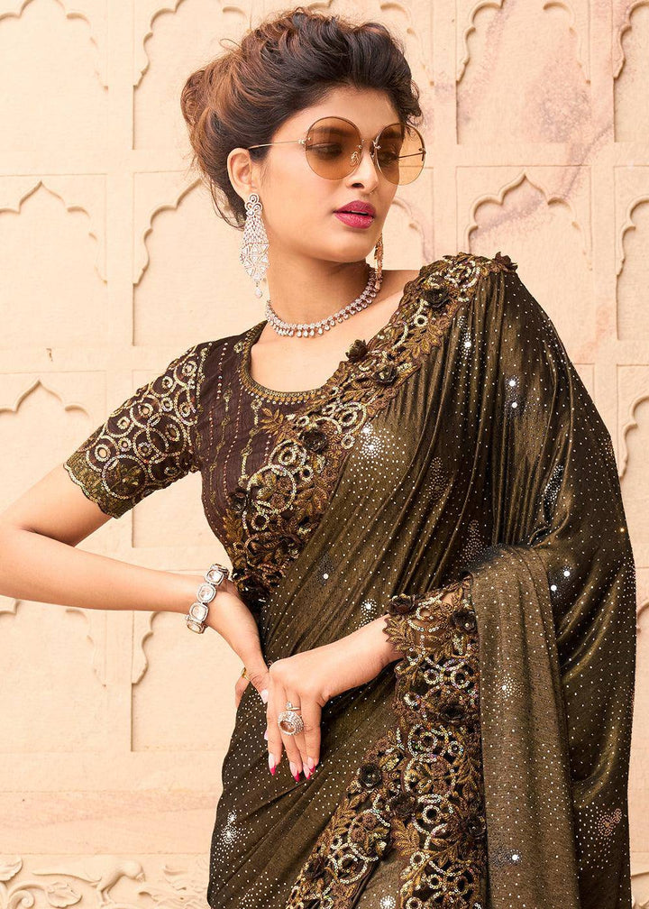 Chocolate Brown Imported Fabric Saree with Crystal, Mirror & Sequins Flower Applic work | Stitched Blouse - qivii