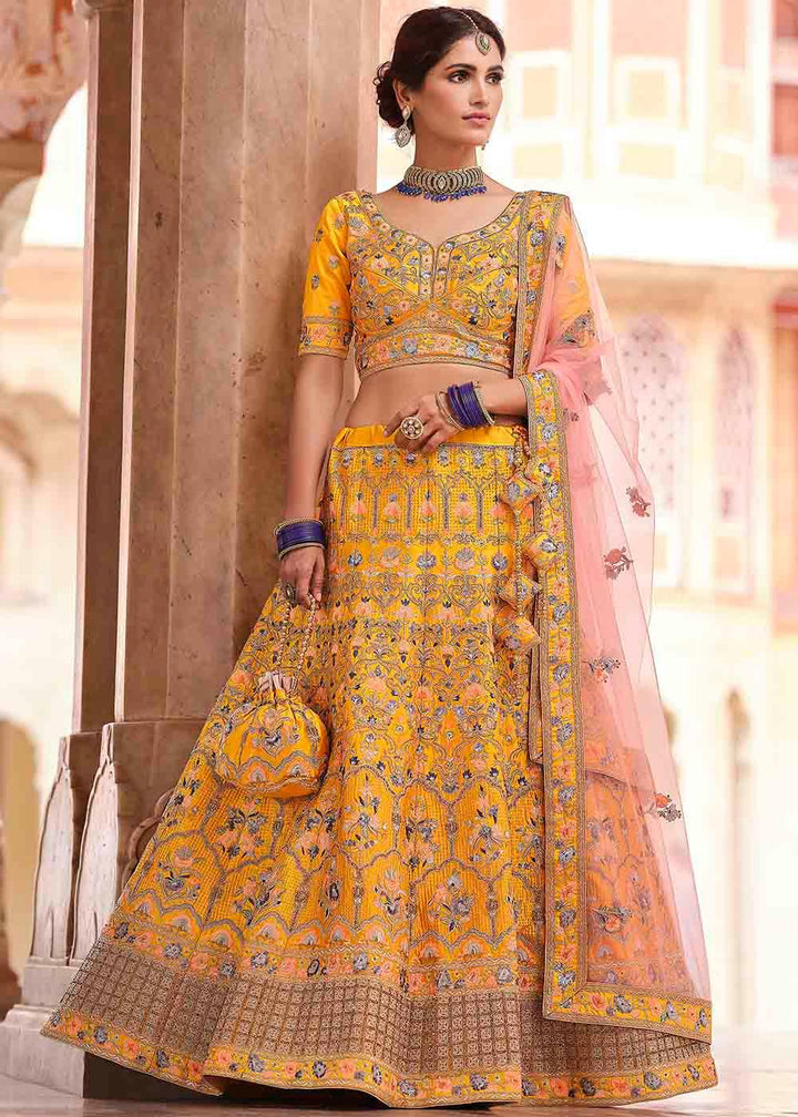 Chrome Yellow Crepe Lehenga Choli with Swarovski, Sequins & Dori work - qivii