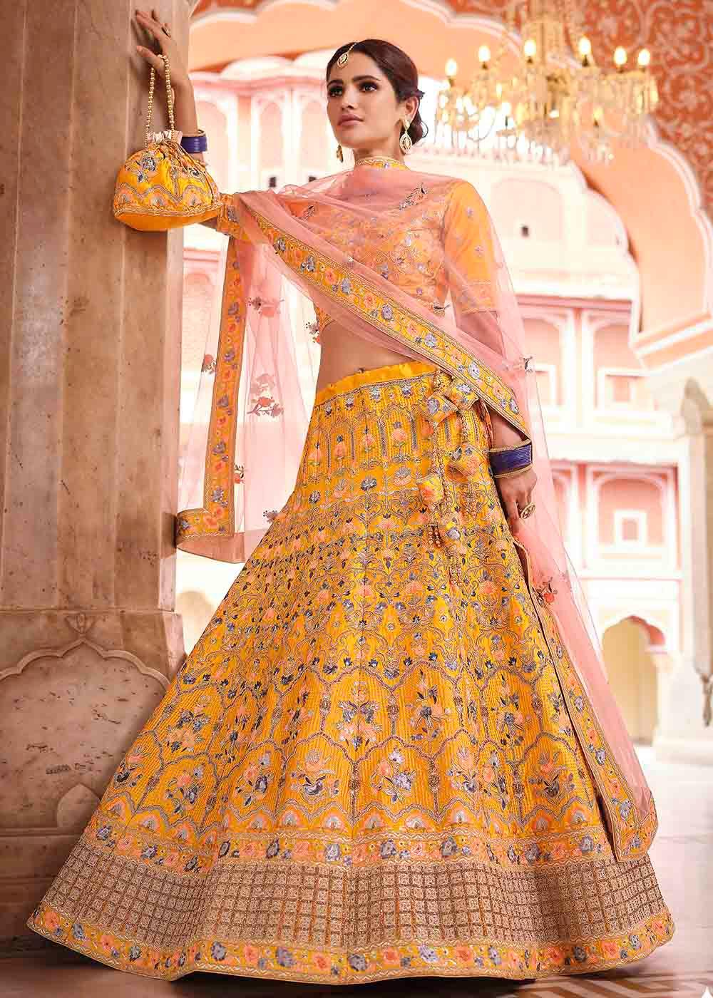 Chrome Yellow Crepe Lehenga Choli with Swarovski, Sequins & Dori work - qivii