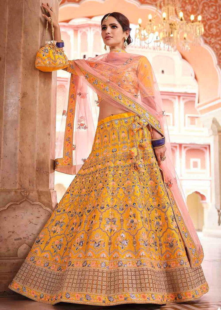 Chrome Yellow Crepe Lehenga Choli with Swarovski, Sequins & Dori work - qivii