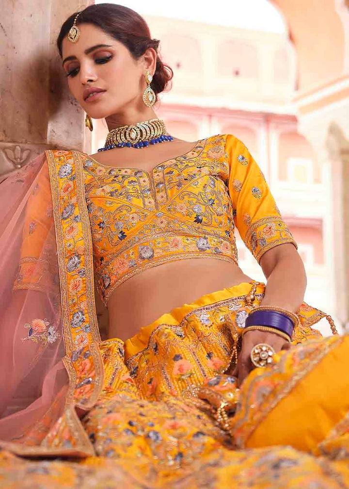 Chrome Yellow Crepe Lehenga Choli with Swarovski, Sequins & Dori work - qivii