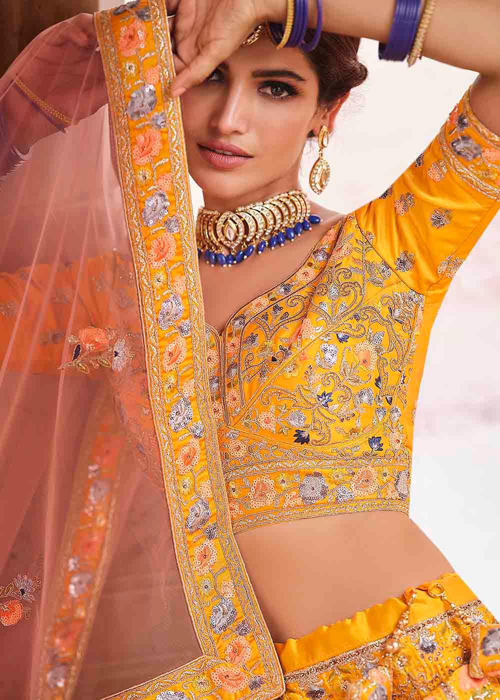 Chrome Yellow Crepe Lehenga Choli with Swarovski, Sequins & Dori work - qivii