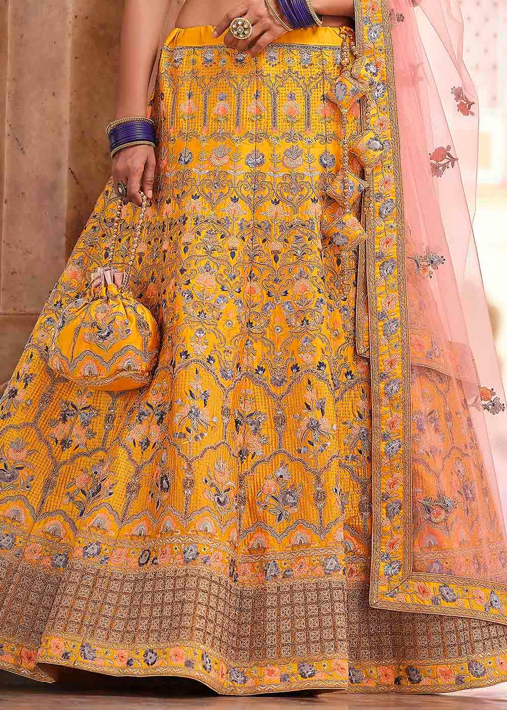 Chrome Yellow Crepe Lehenga Choli with Swarovski, Sequins & Dori work - qivii