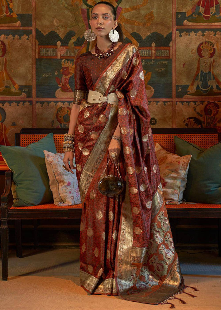 Cinnamon Brown Tanchoi Handloom Woven Satin Silk Saree | Stitched Blouse - qivii