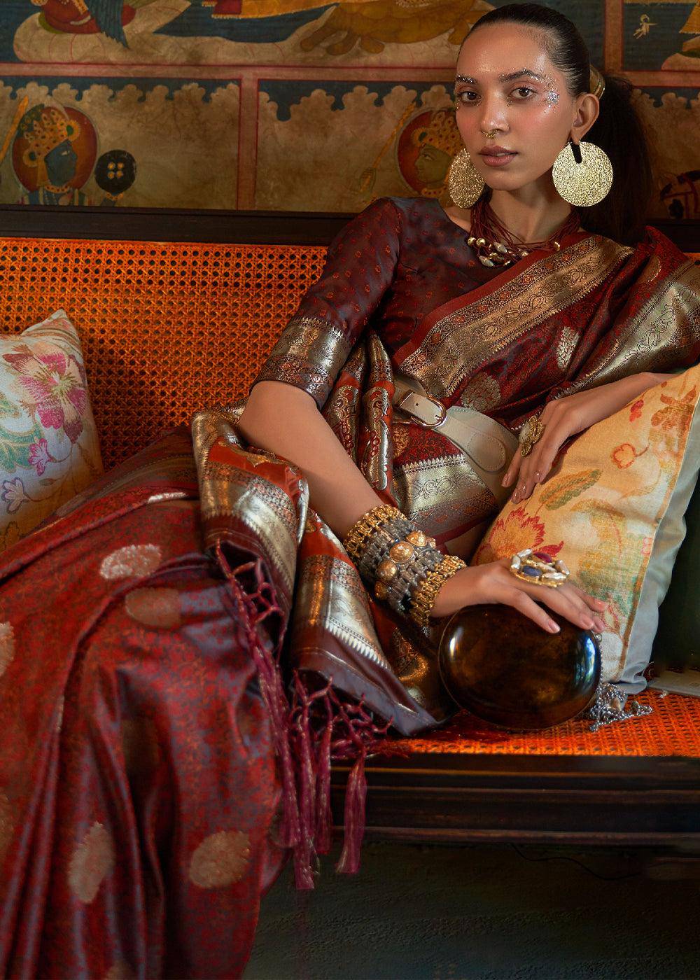 Cinnamon Brown Tanchoi Handloom Woven Satin Silk Saree | Stitched Blouse - qivii