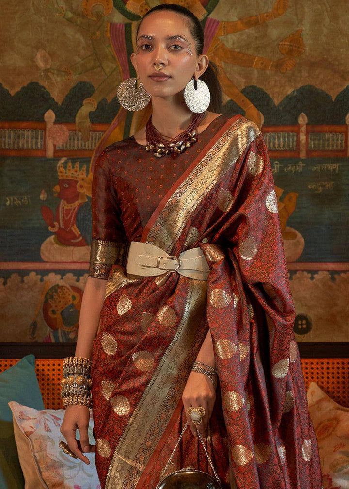 Cinnamon Brown Tanchoi Handloom Woven Satin Silk Saree | Stitched Blouse - qivii