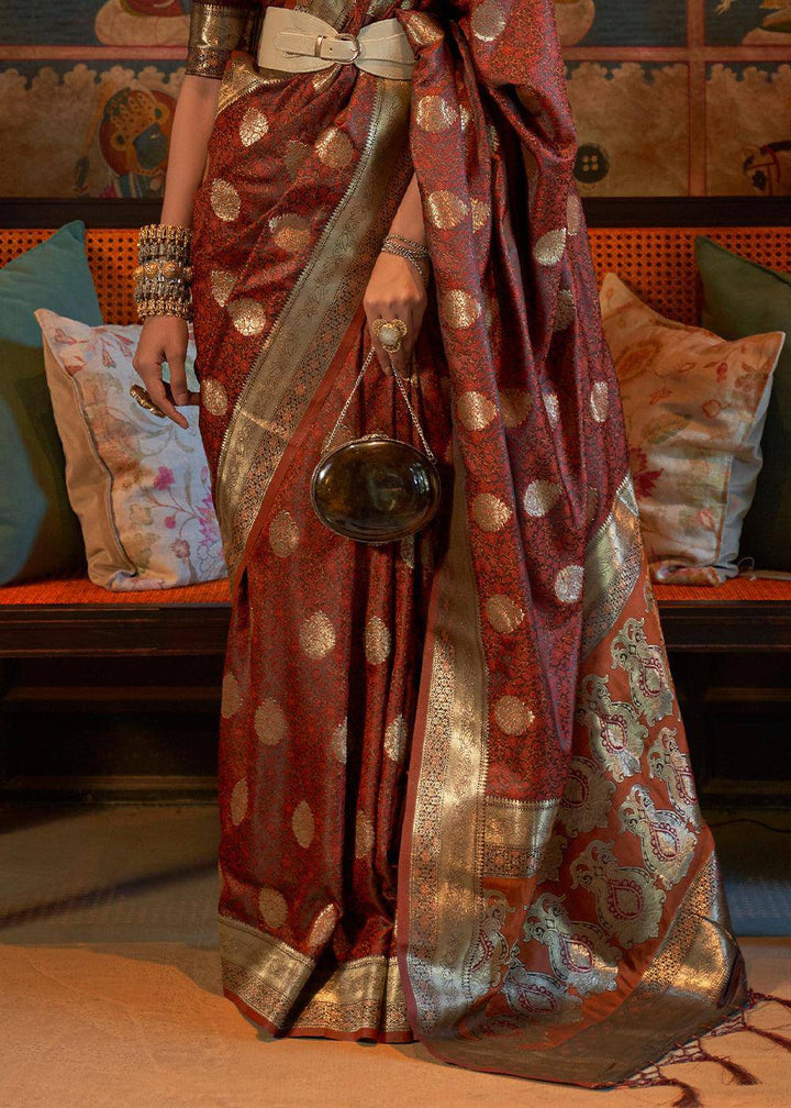 Cinnamon Brown Tanchoi Handloom Woven Satin Silk Saree | Stitched Blouse - qivii